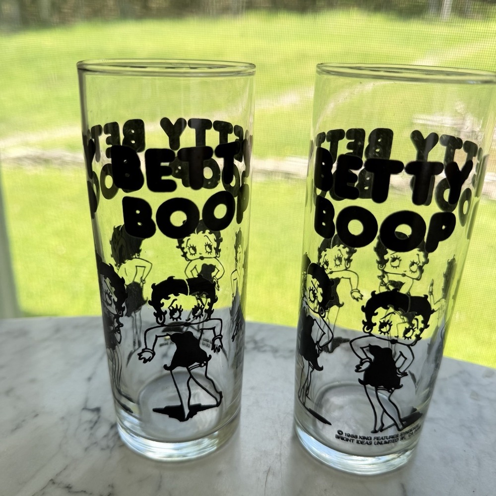 Vtg 1988 Libbey Betty Boop 10oz Clear Glass Drinking Tumblers Highball Set Of 2